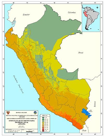 Mapa de energía solar incidente diaria promedio anual en el Perú.